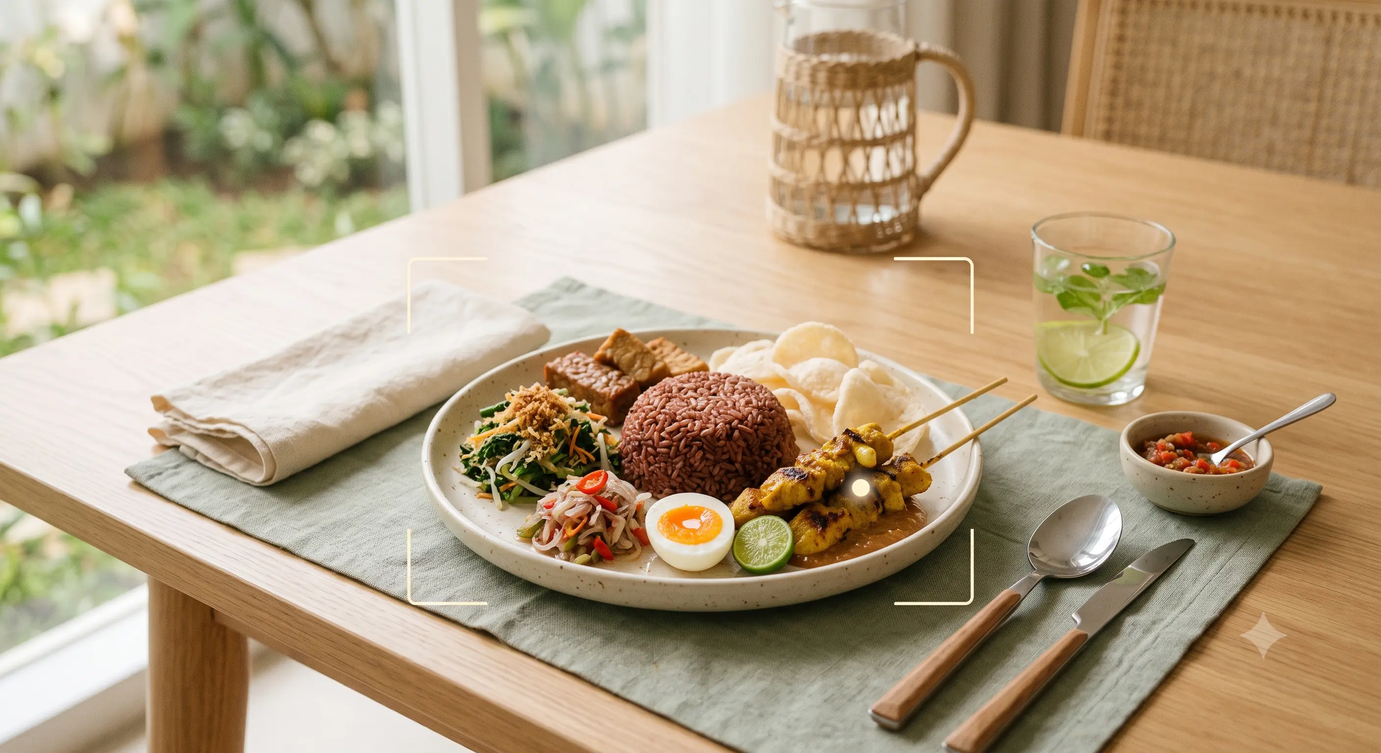 Hidangan nasi, lauk, sayur, dan telur sedang dipindai NutLens